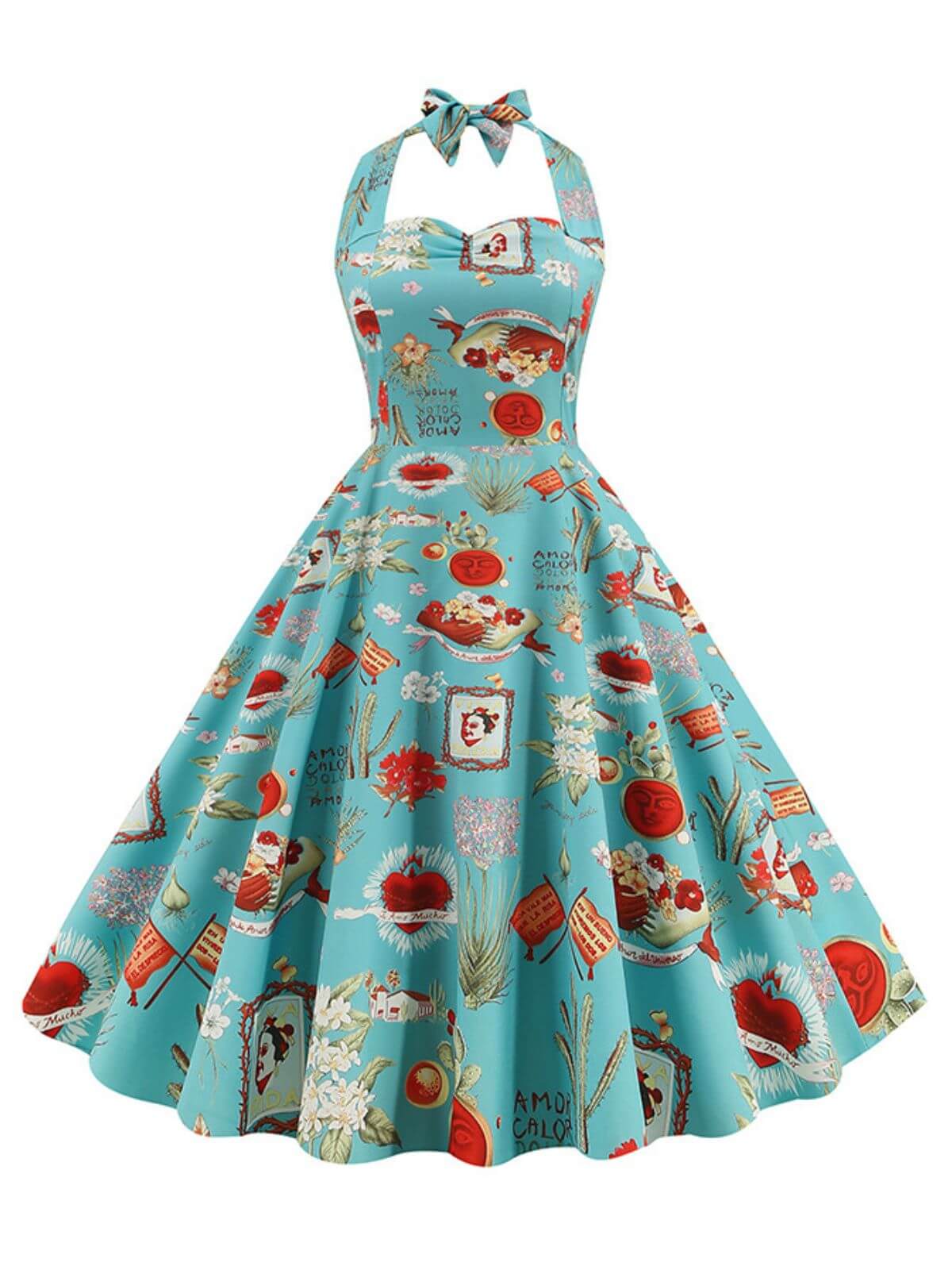 Retro Pictorial Halter Swing Dress