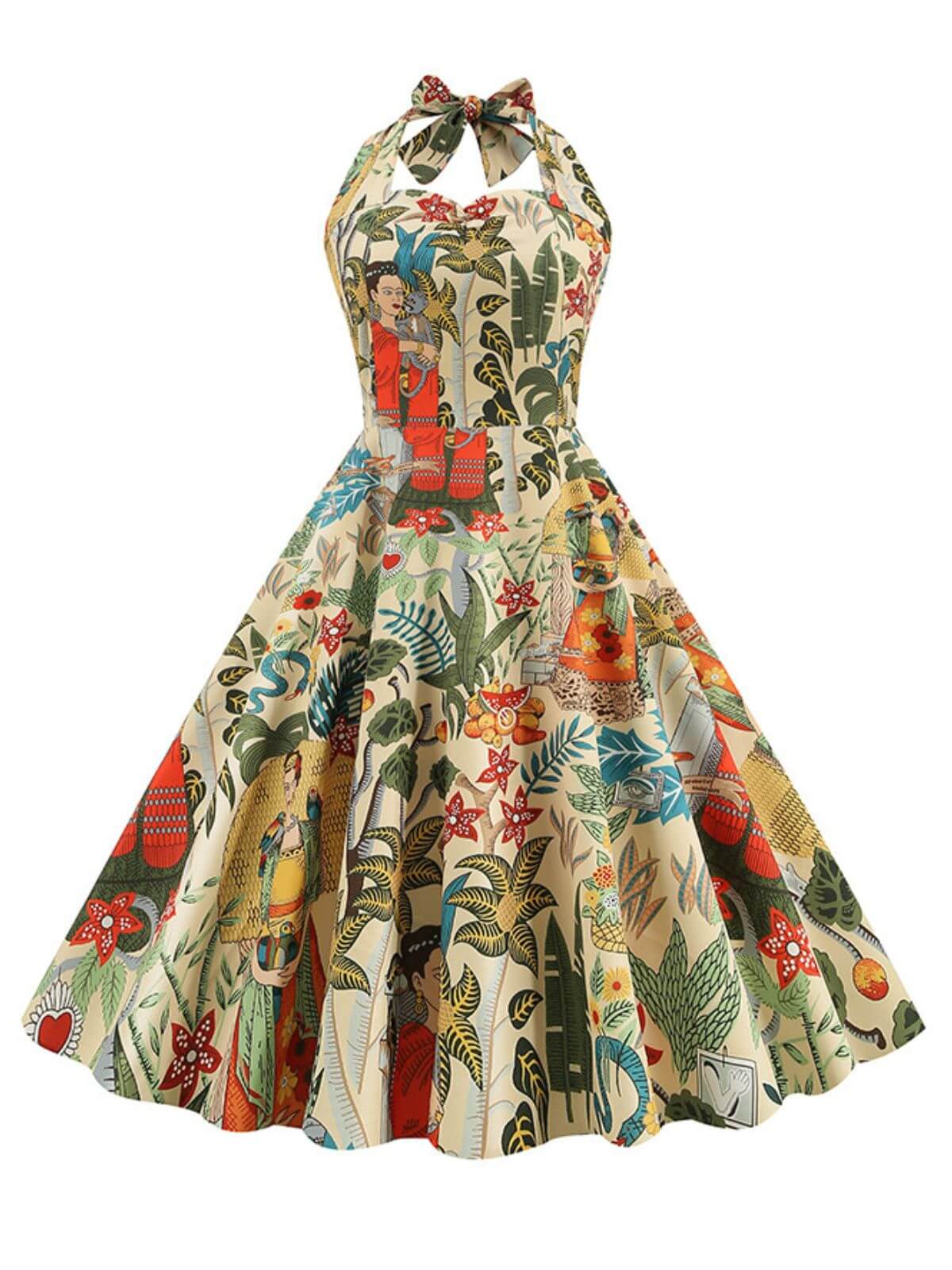 Retro Pictorial Halter Swing Dress