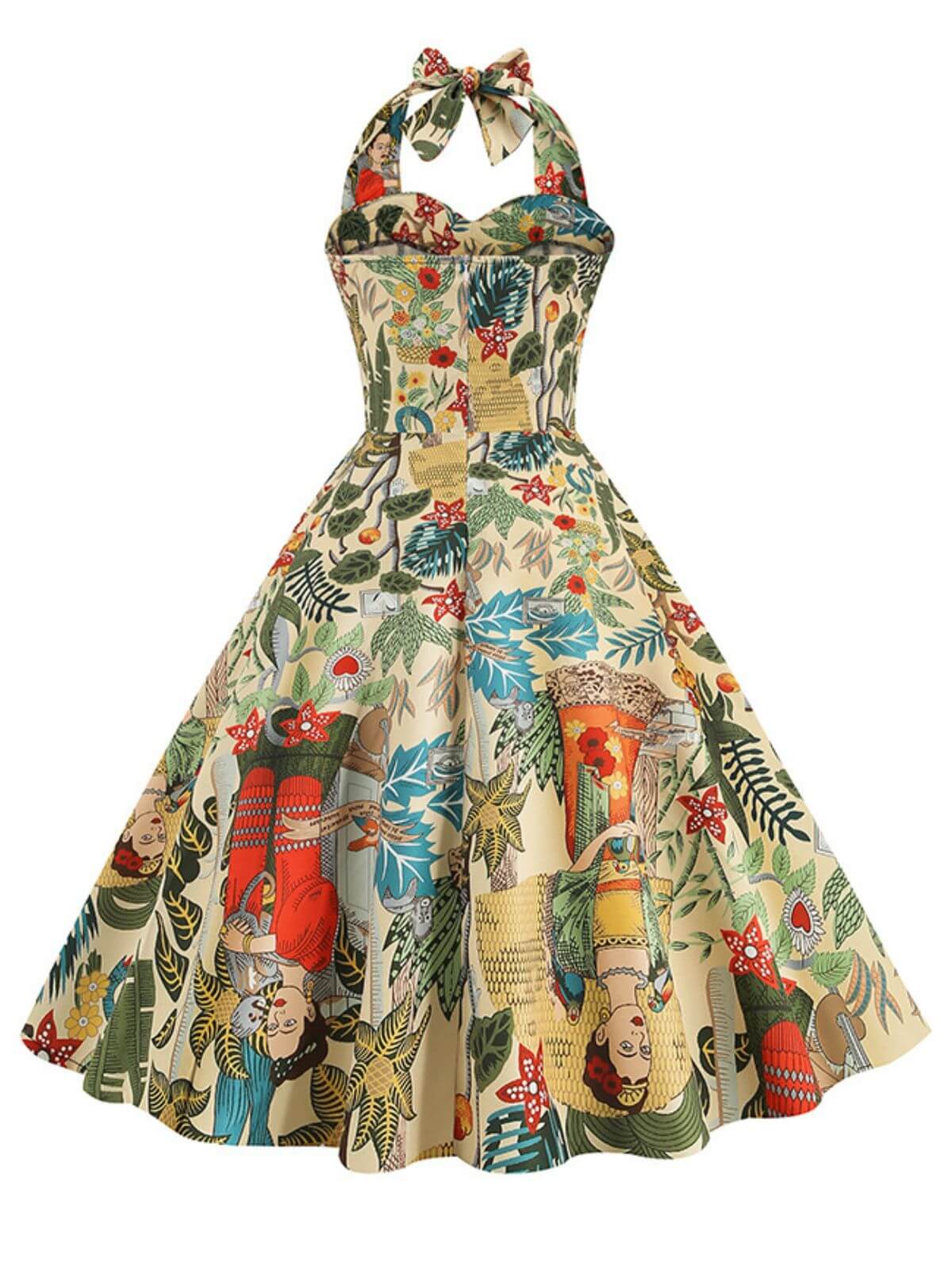 Retro Pictorial Halter Swing Dress