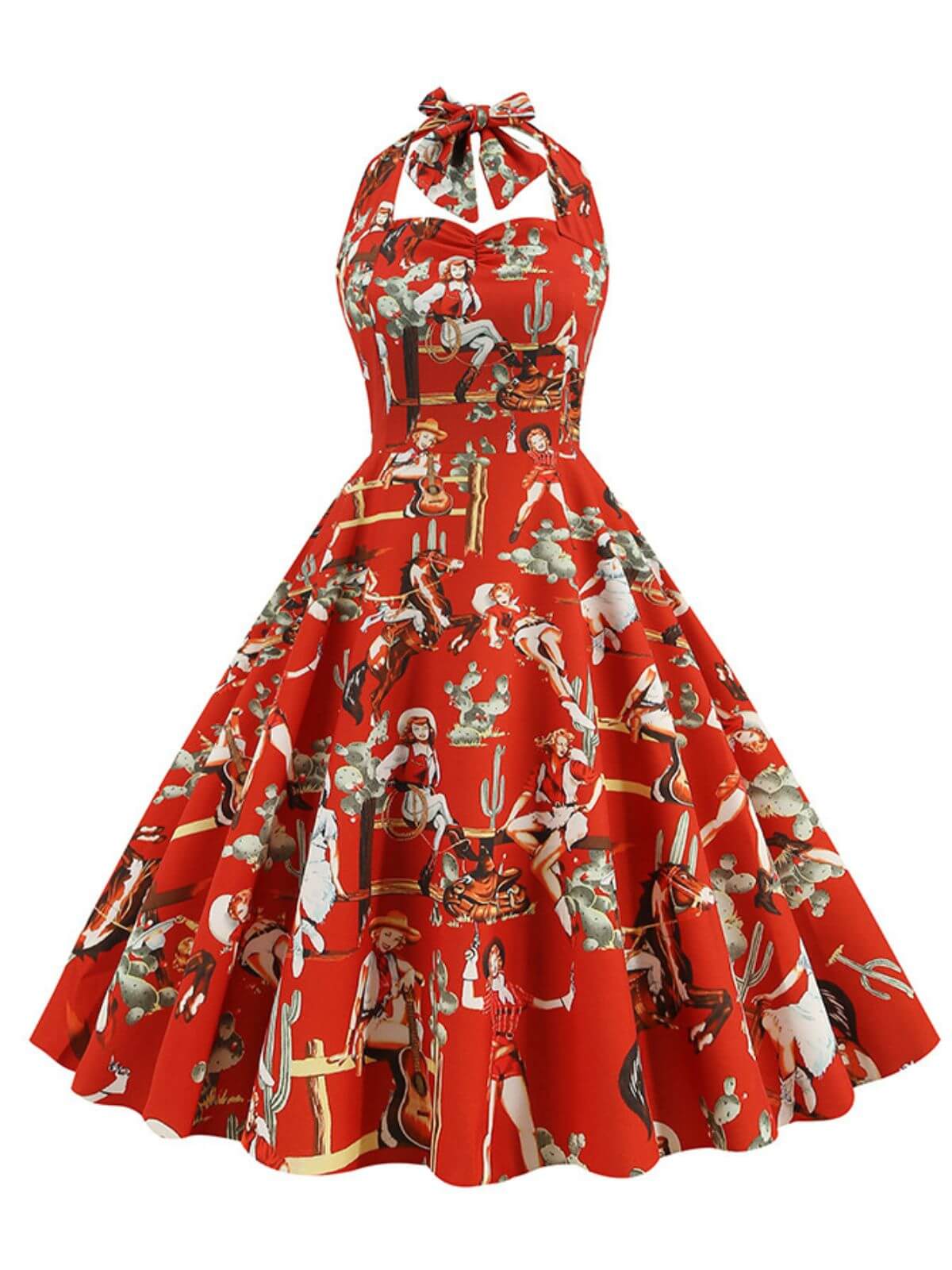 Retro Pictorial Halter Swing Dress