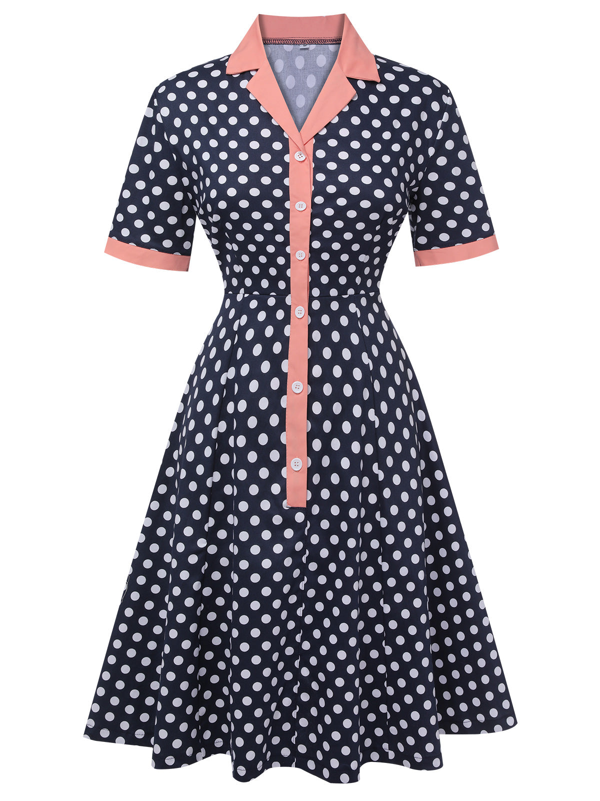 Dark Blue Polka Dot Lapel Dress