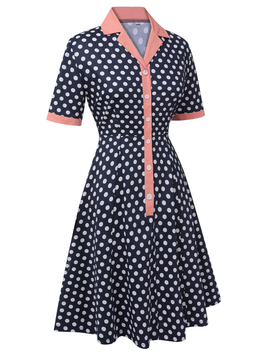 Dark Blue Polka Dot Lapel Dress