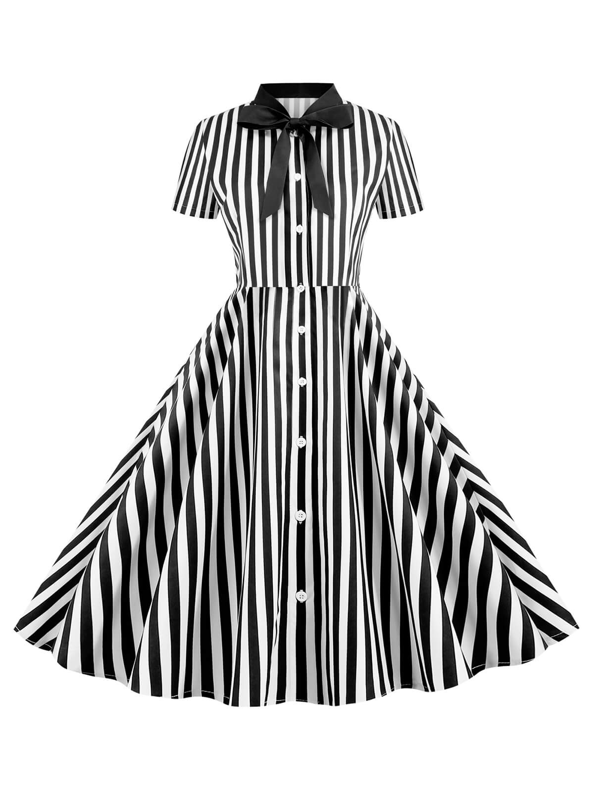 Bow Collar Striped Dots Swing Dress