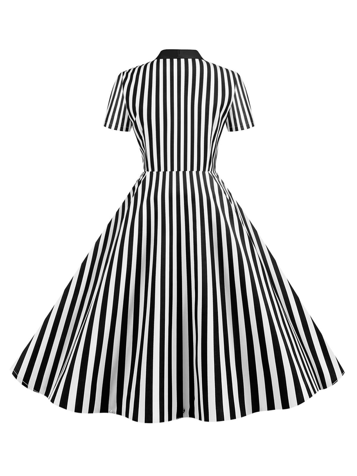 Bow Collar Striped Dots Swing Dress