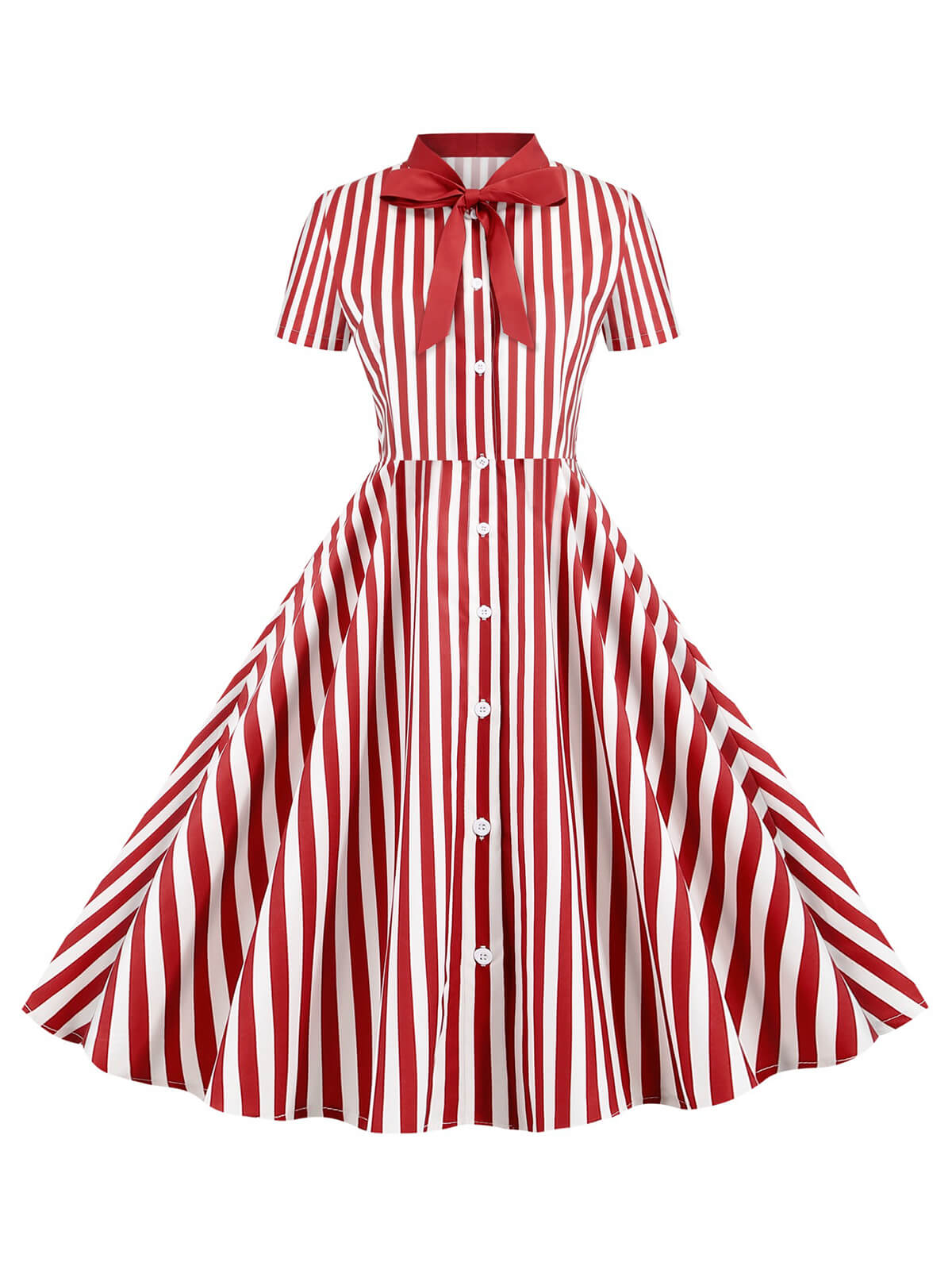 Bow Collar Striped Dots Swing Dress