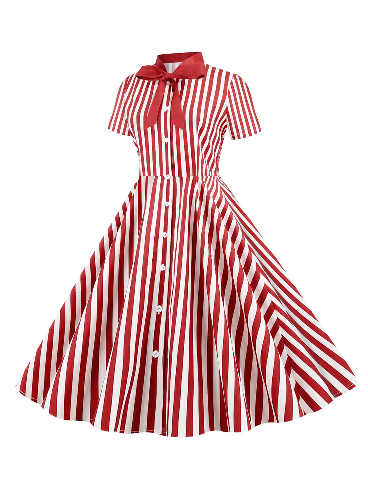 Bow Collar Striped Dots Swing Dress