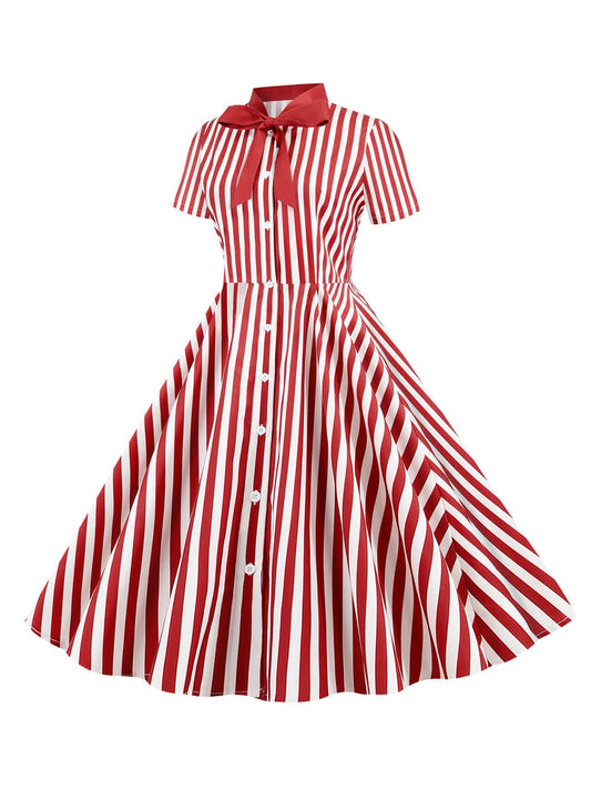 Bow Collar Striped Dots Swing Dress