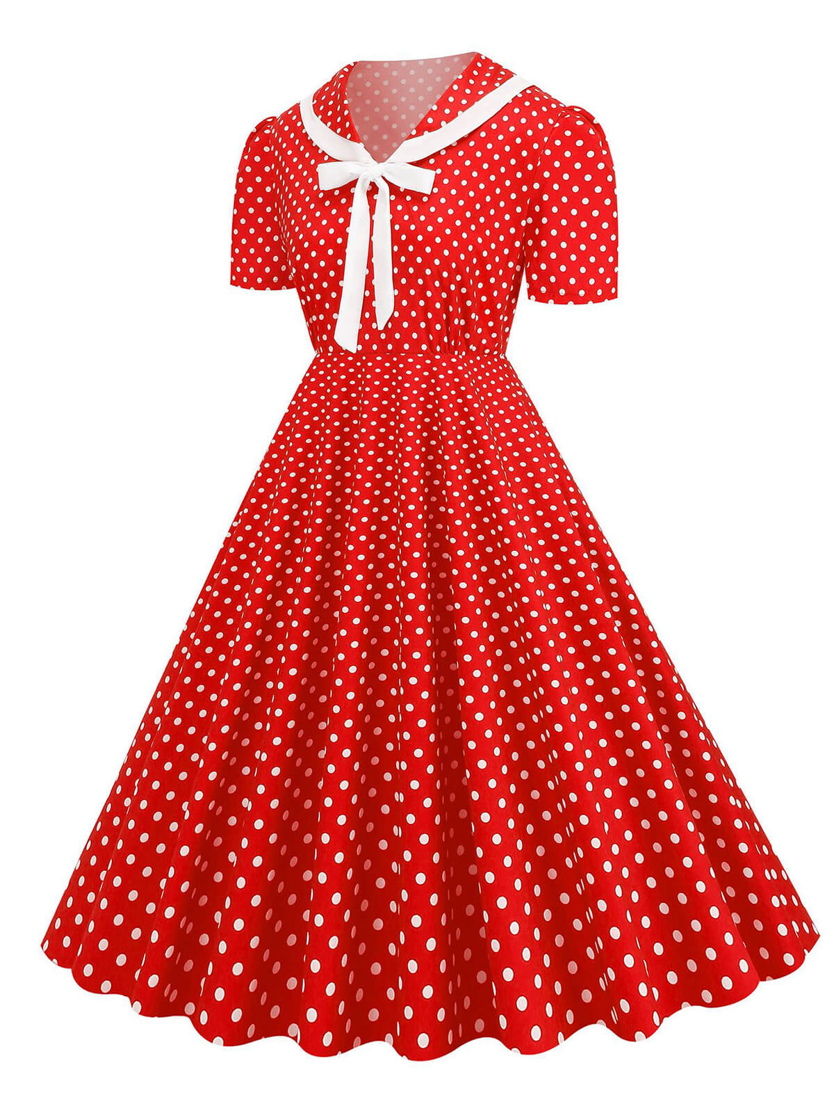 Polka Dots Lapel Bowknot Swing Dress