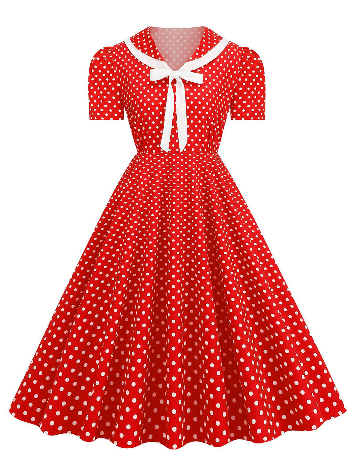 Polka Dots Lapel Bowknot Swing Dress