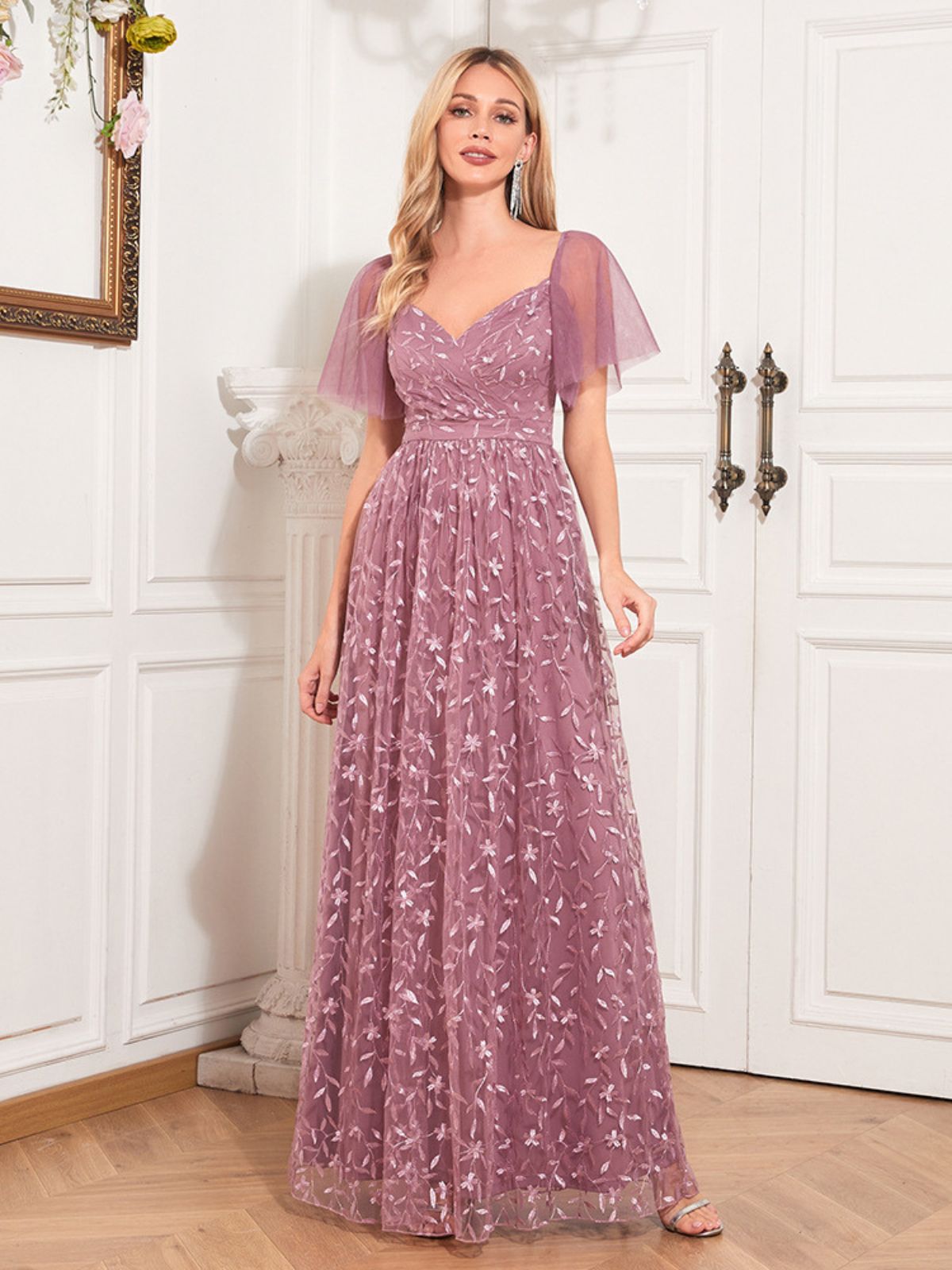 Solid Sweetheart Neckline Embroidered Long Dress