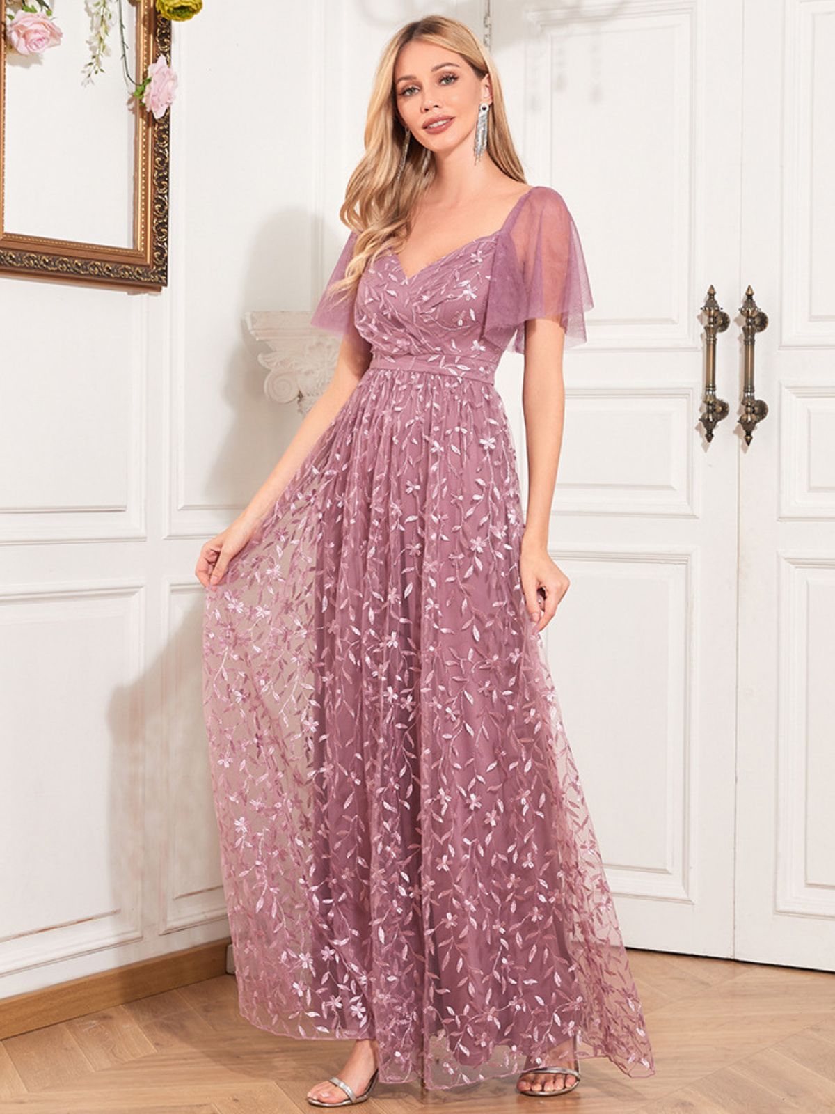 Solid Sweetheart Neckline Embroidered Long Dress