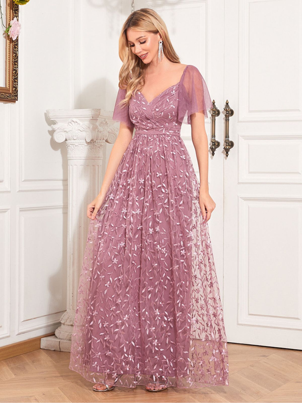 Solid Sweetheart Neckline Embroidered Long Dress