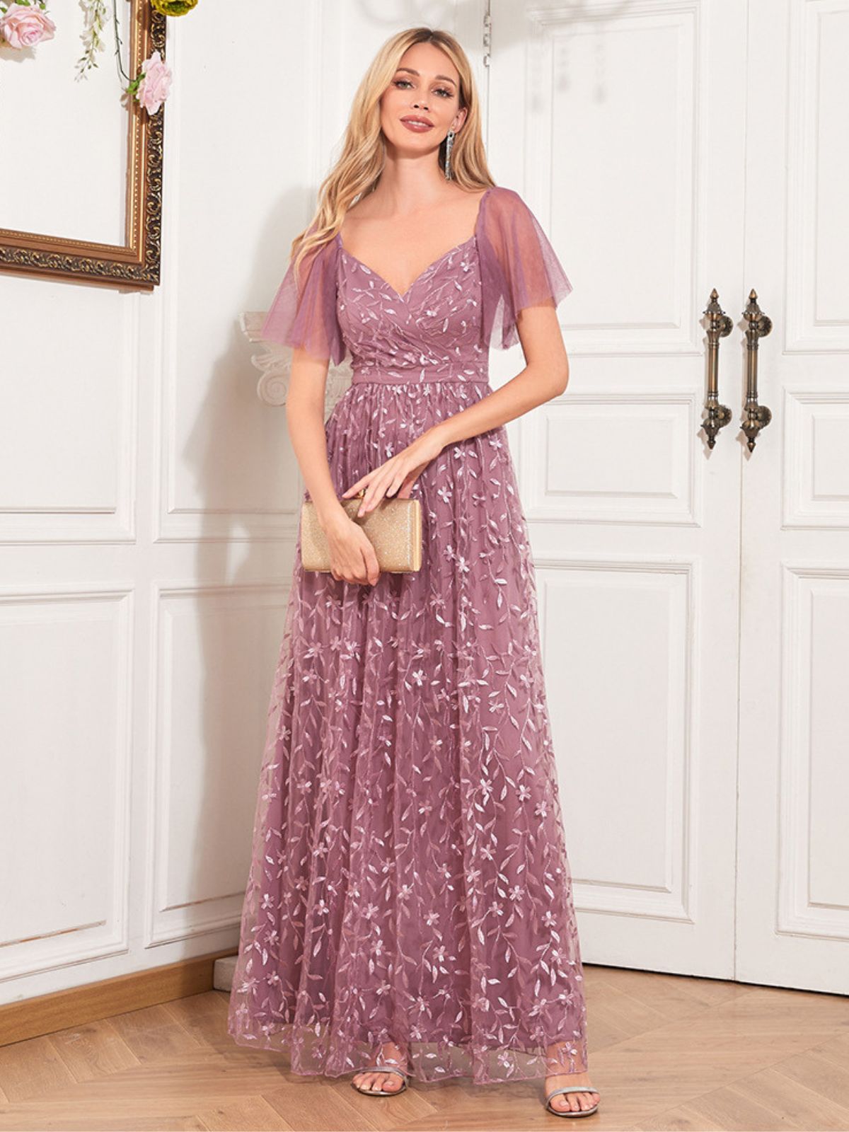 Solid Sweetheart Neckline Embroidered Long Dress