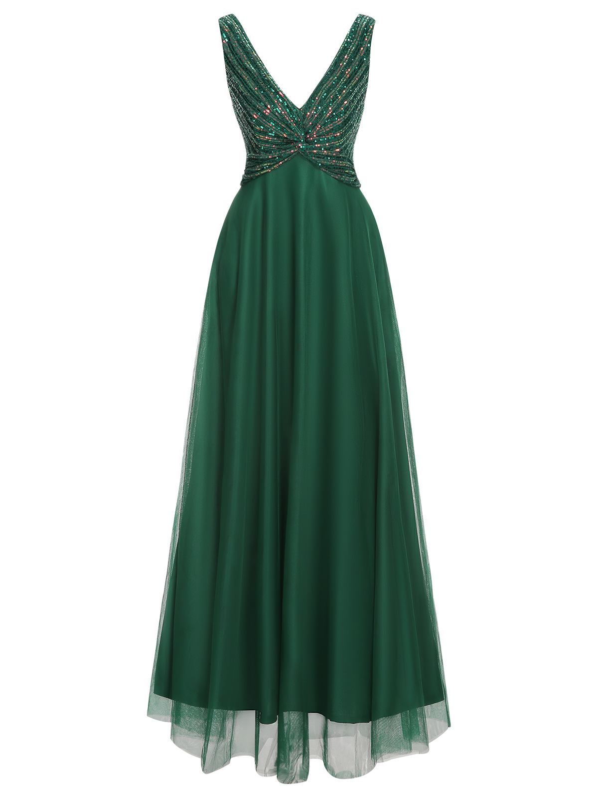 Green Sequined Mesh V-Neck Dress