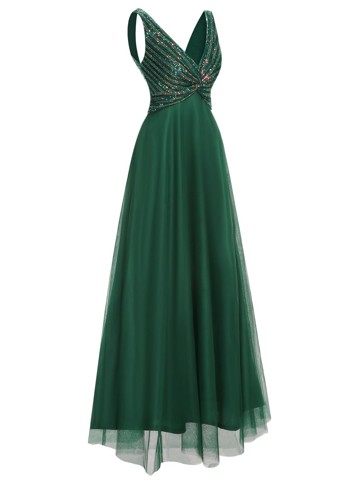 Green Sequined Mesh V-Neck Dress