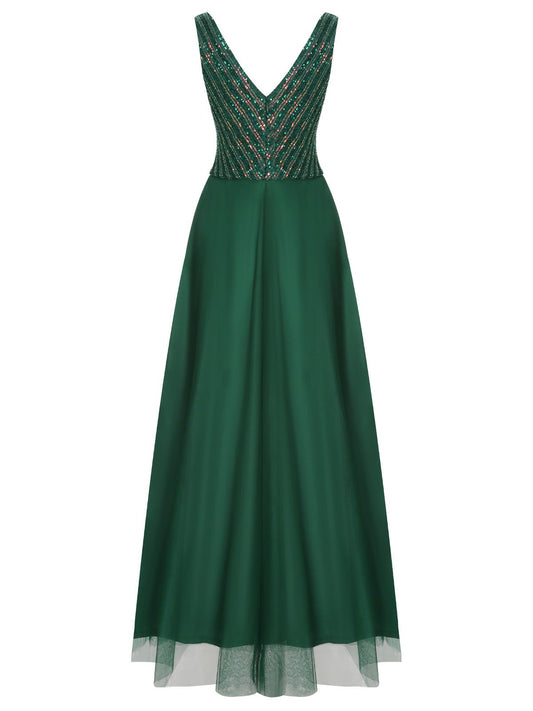 Green Sequined Mesh V-Neck Dress