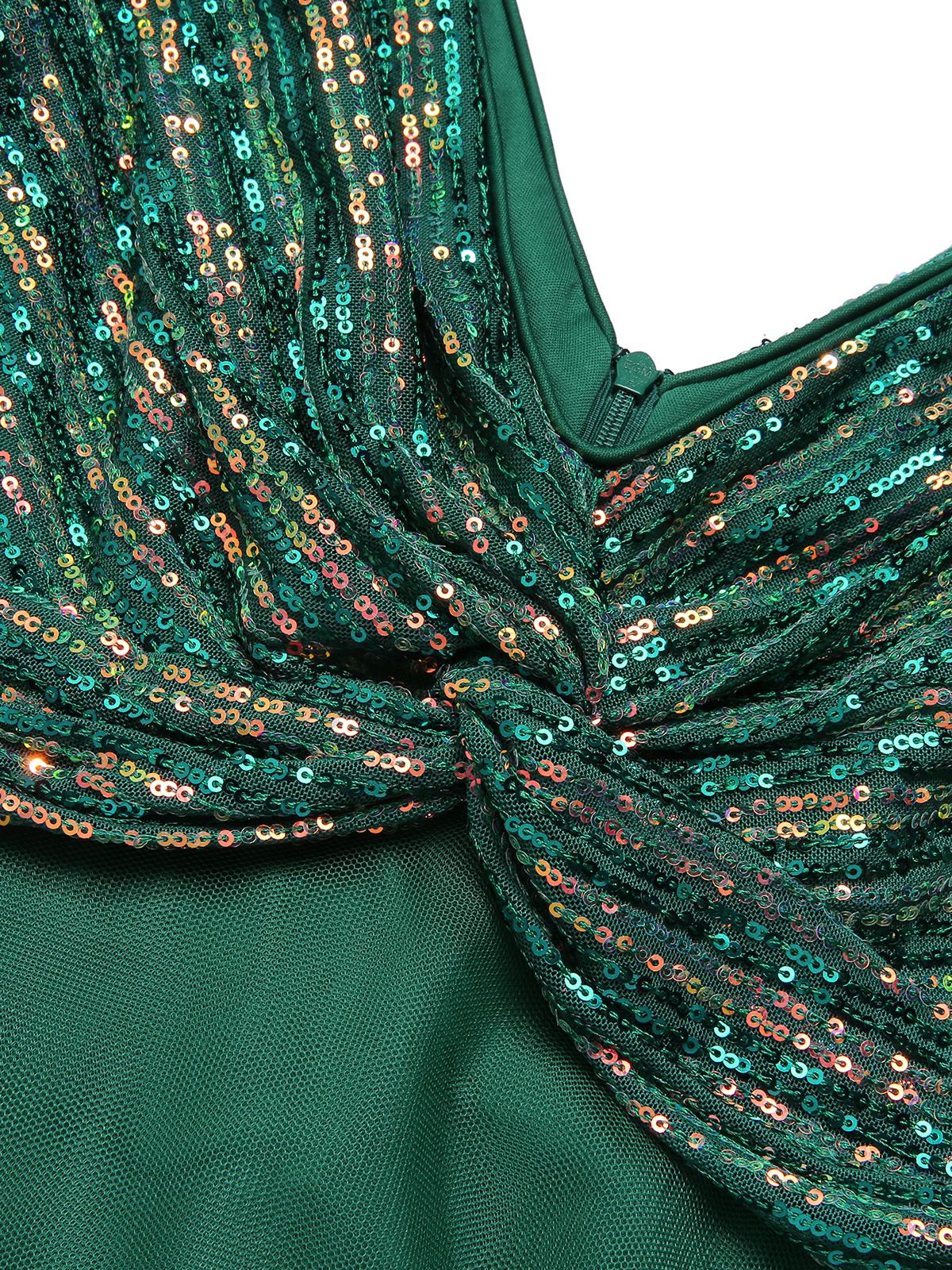 Green Sequined Mesh V-Neck Dress