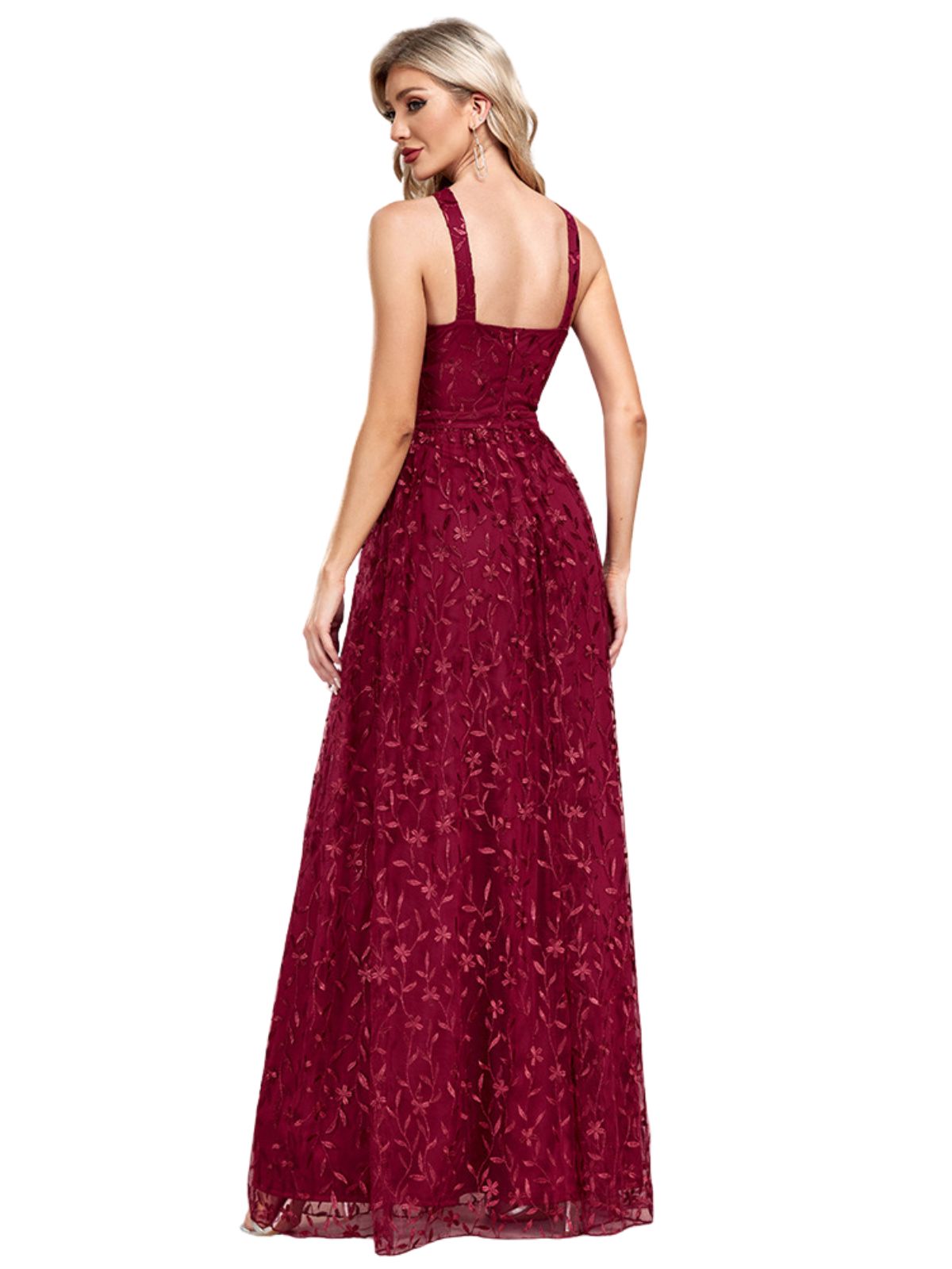 Wine Red Embroidered Mesh Maxi Dress