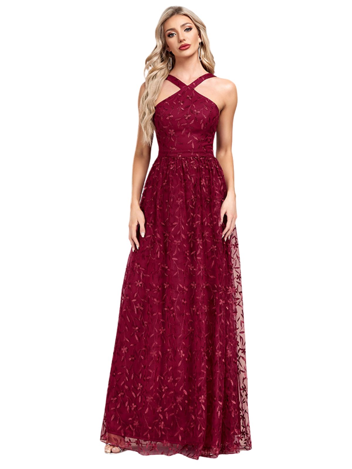 Wine Red Embroidered Mesh Maxi Dress