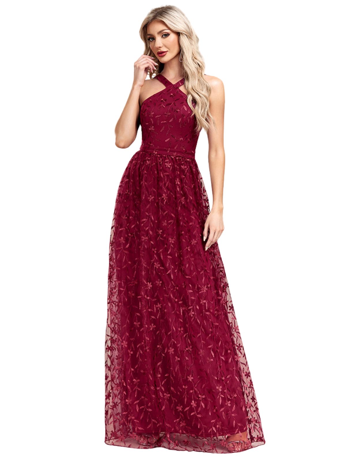 Wine Red Embroidered Mesh Maxi Dress