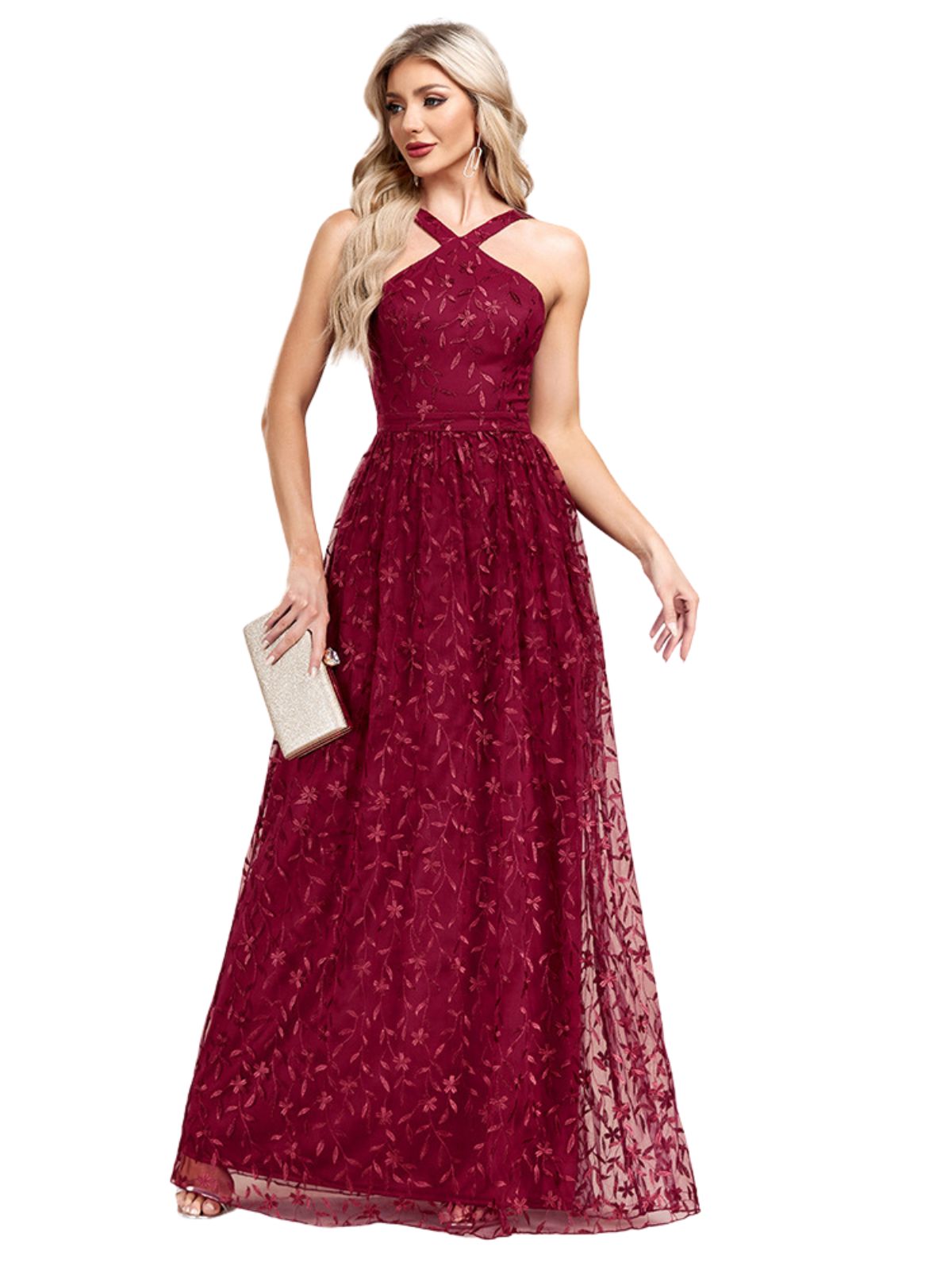 Wine Red Embroidered Mesh Maxi Dress