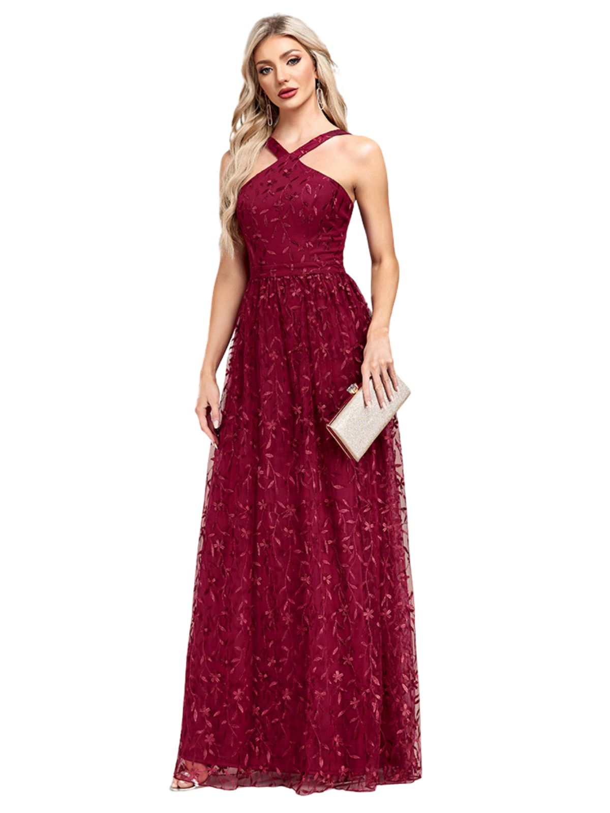 Wine Red Embroidered Mesh Maxi Dress