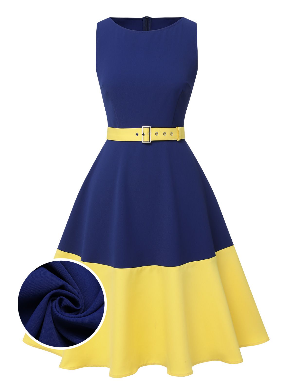 Dark Blue & Yellow Solid Boat Neck Dress