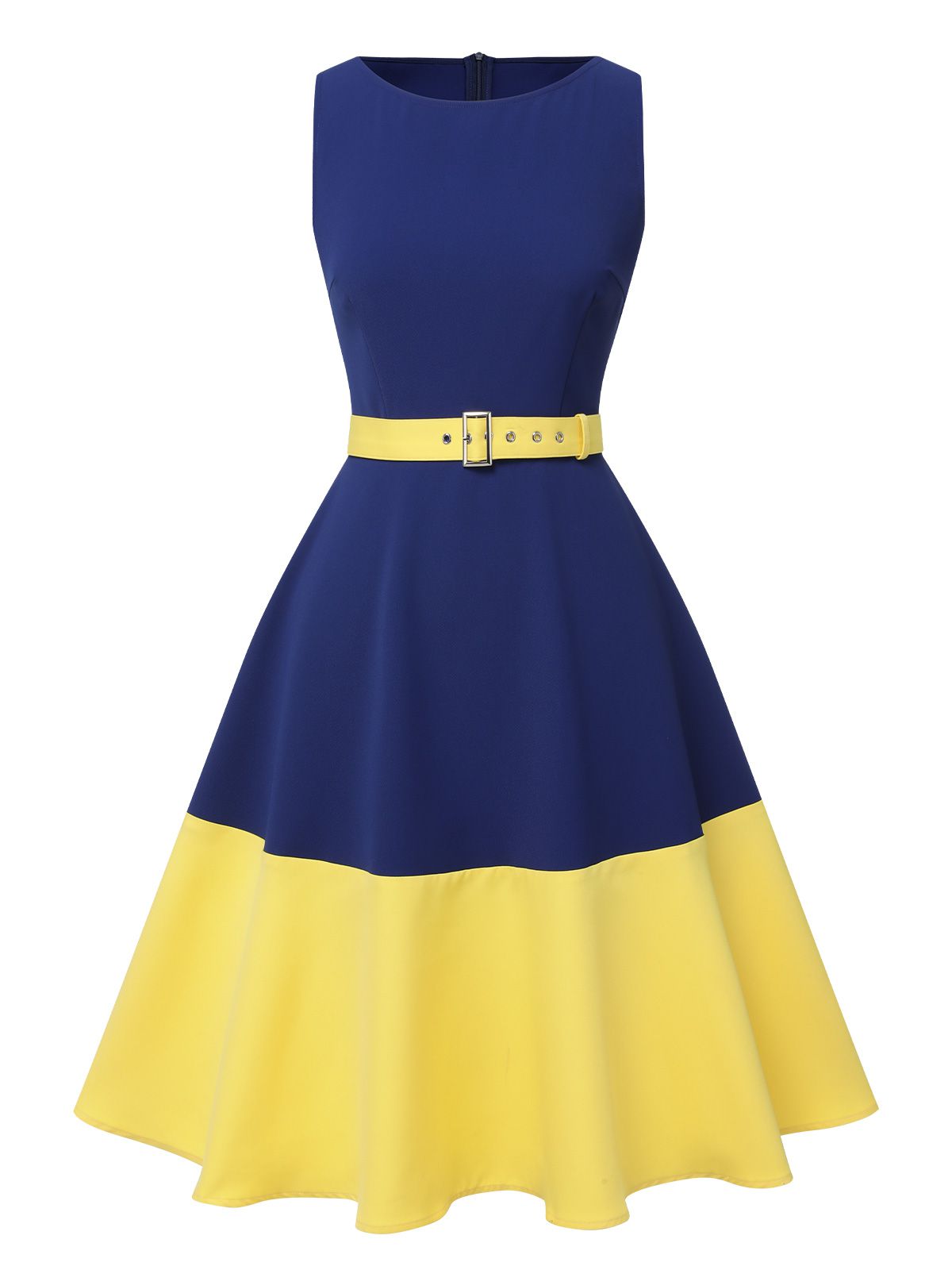 Dark Blue & Yellow Solid Boat Neck Dress