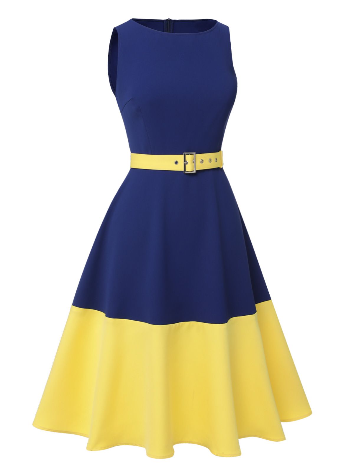 Dark Blue & Yellow Solid Boat Neck Dress