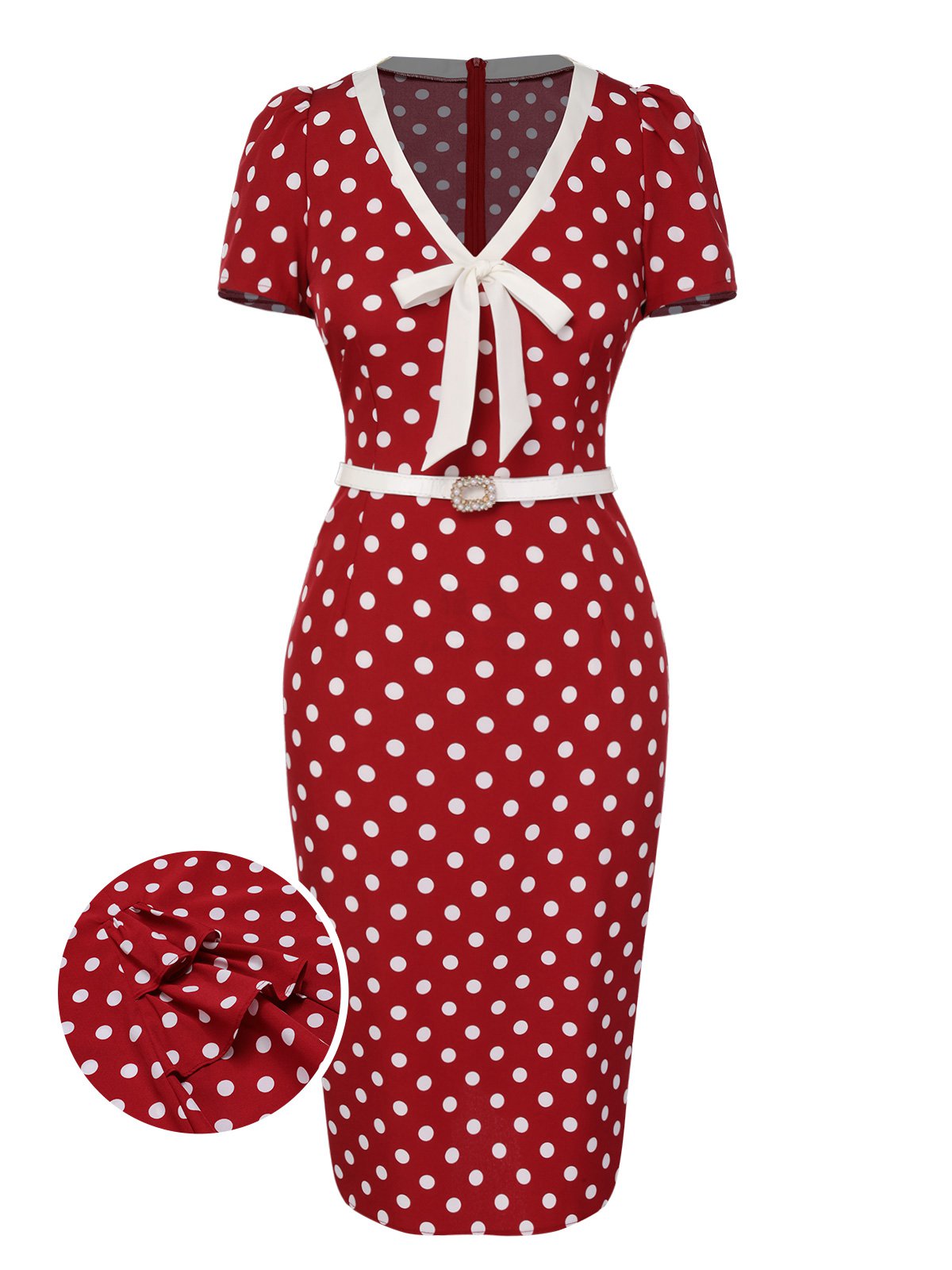 Red  Polka Dots Tie Neck Dress