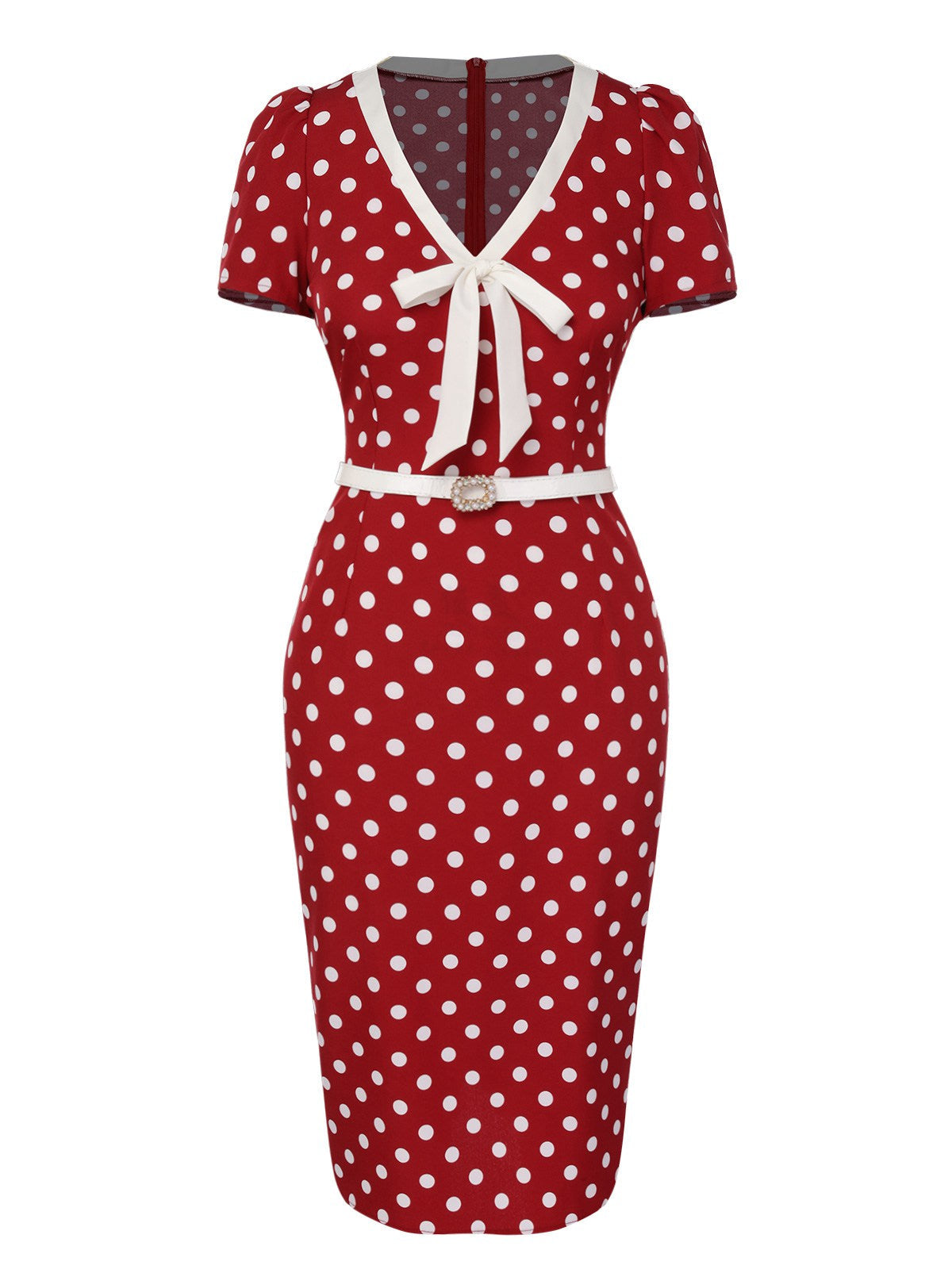 Red  Polka Dots Tie Neck Dress