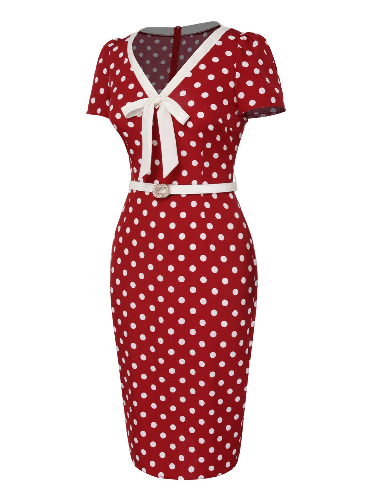 Red  Polka Dots Tie Neck Dress