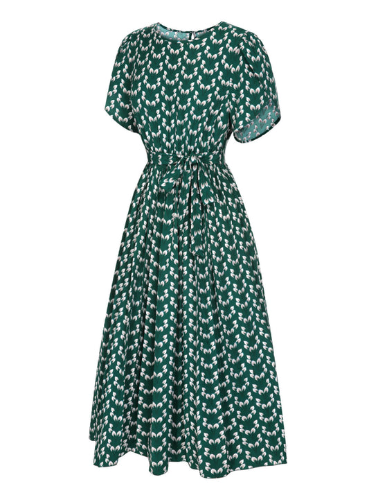 Green Floral Waist Tie Dress