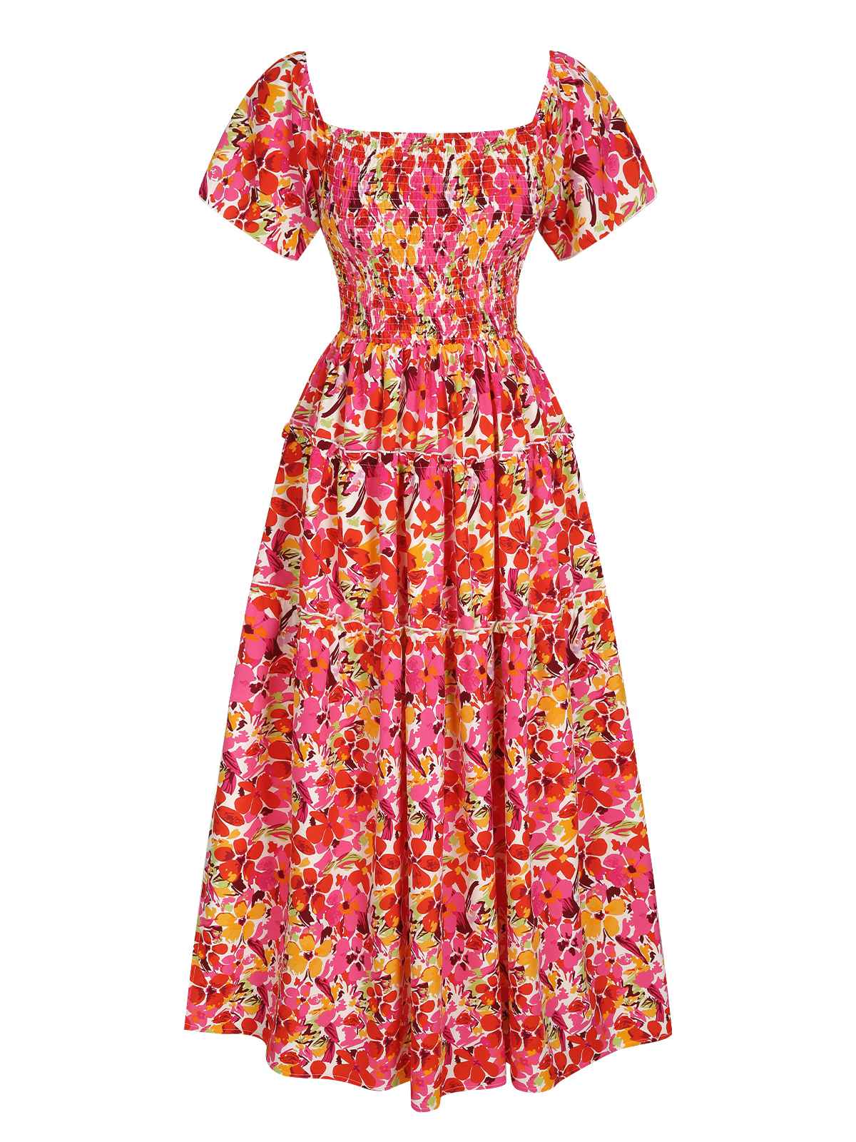 Red Flower Print Square Neck Tiered Dress