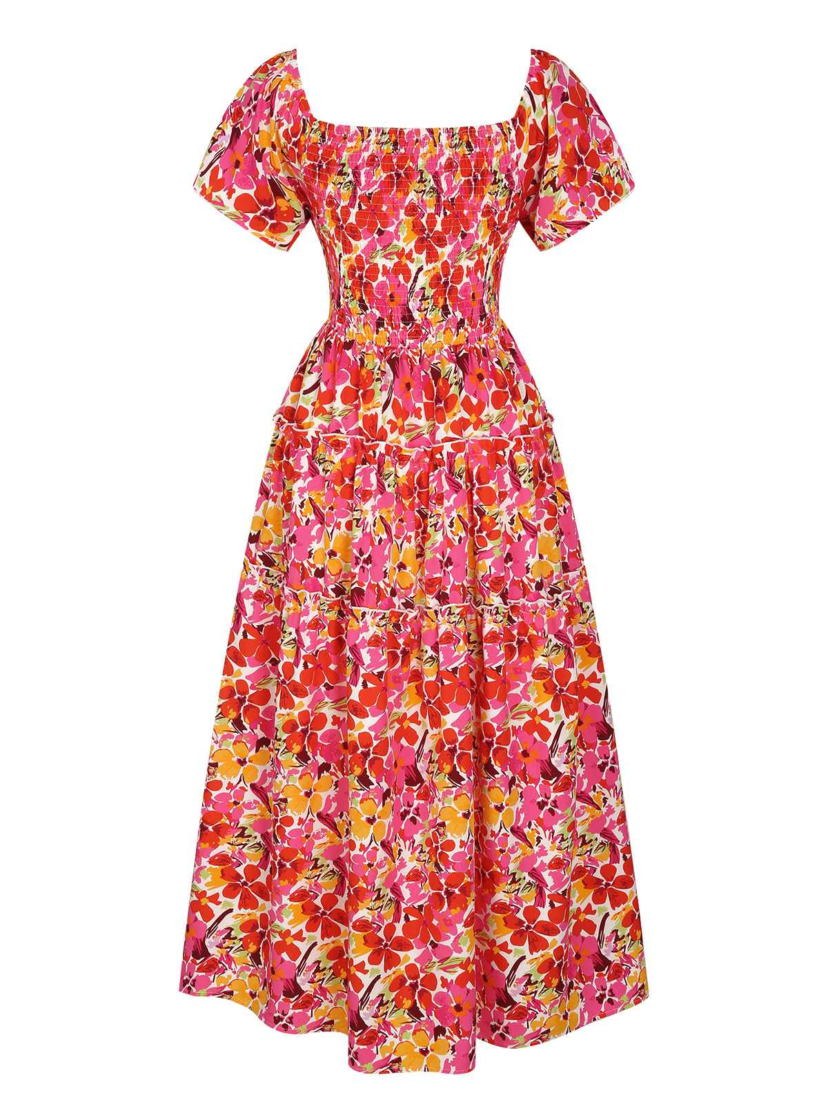 Red Flower Print Square Neck Tiered Dress