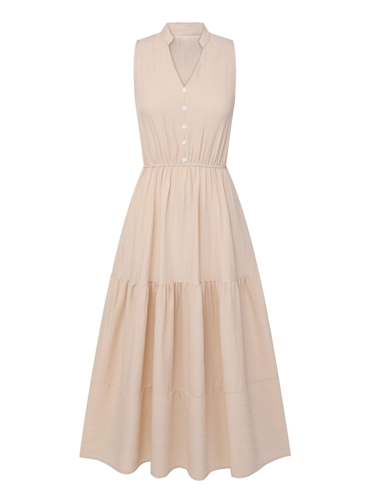 Beige Solid Stand Collar V-Neck Dress