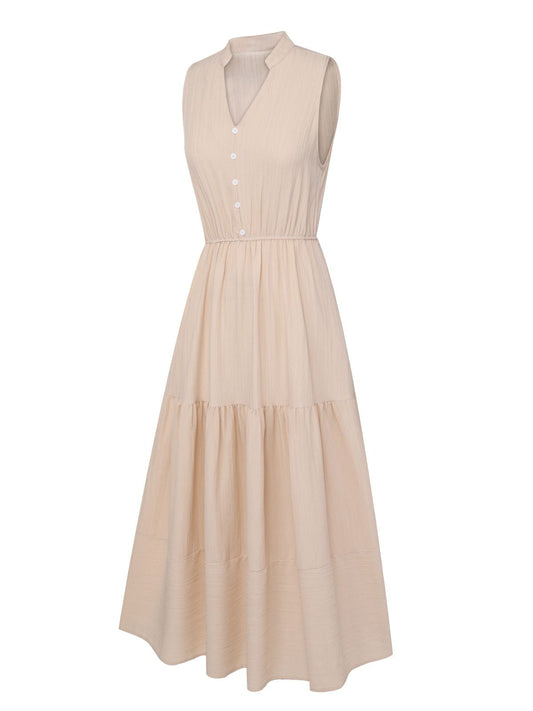 Beige Solid Stand Collar V-Neck Dress