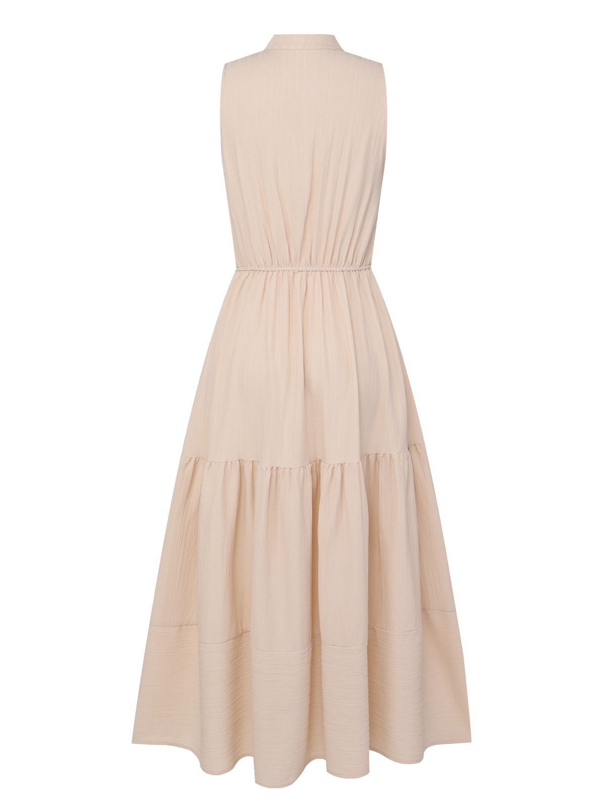 Beige Solid Stand Collar V-Neck Dress