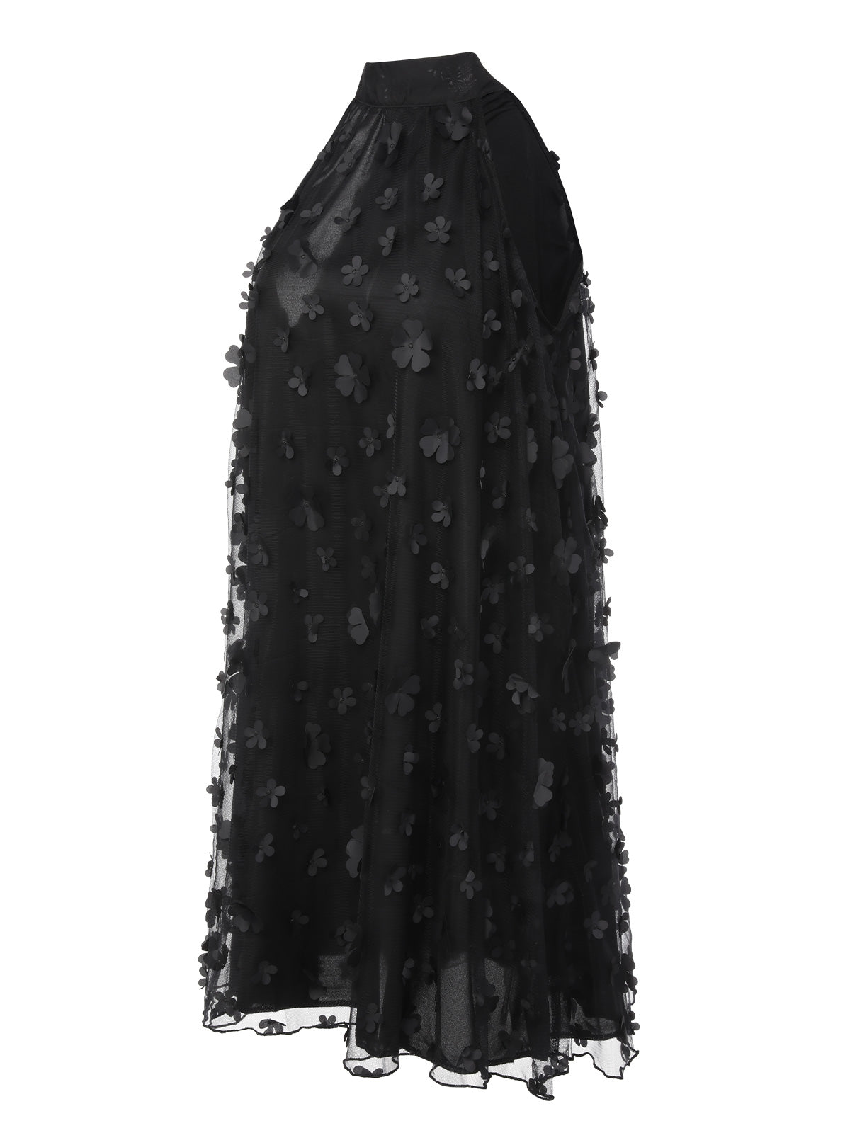 Black  3D Flowers Mesh Turtleneck Sleeveless Dress