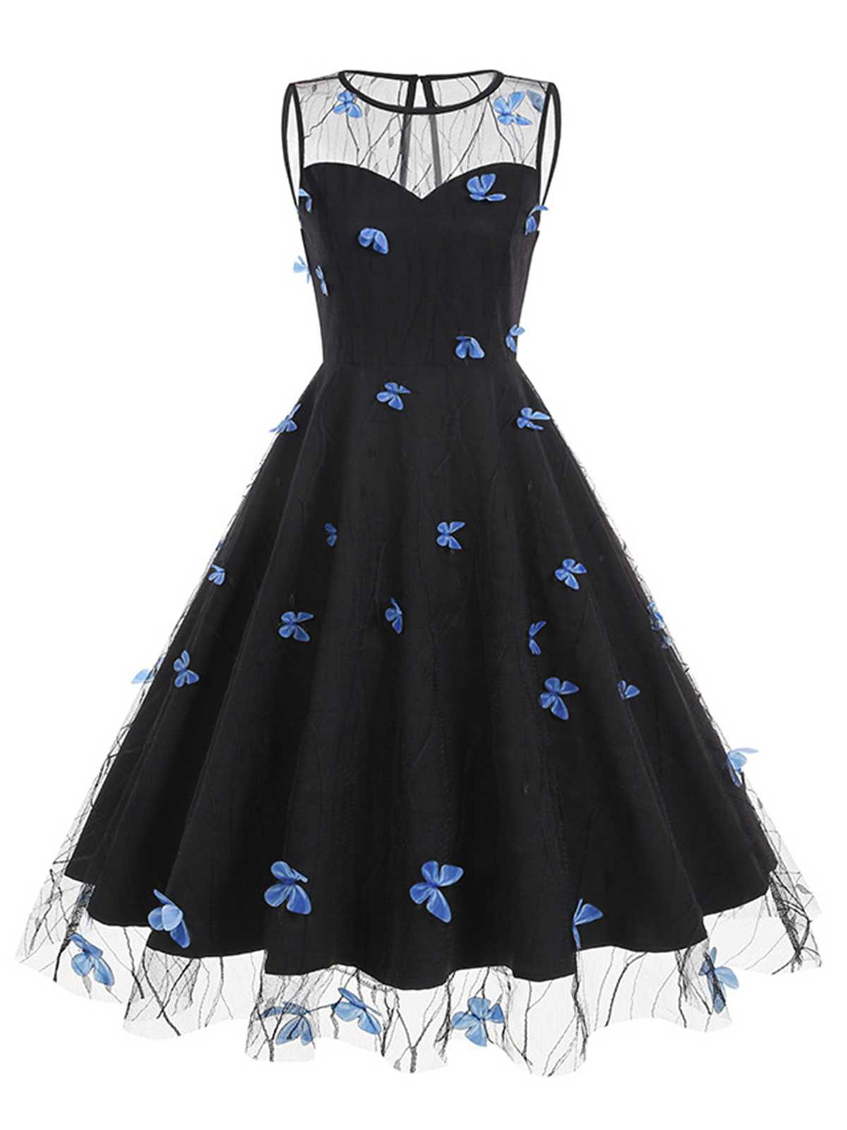 Round Neck Embroidery Butterflies Mesh Dress