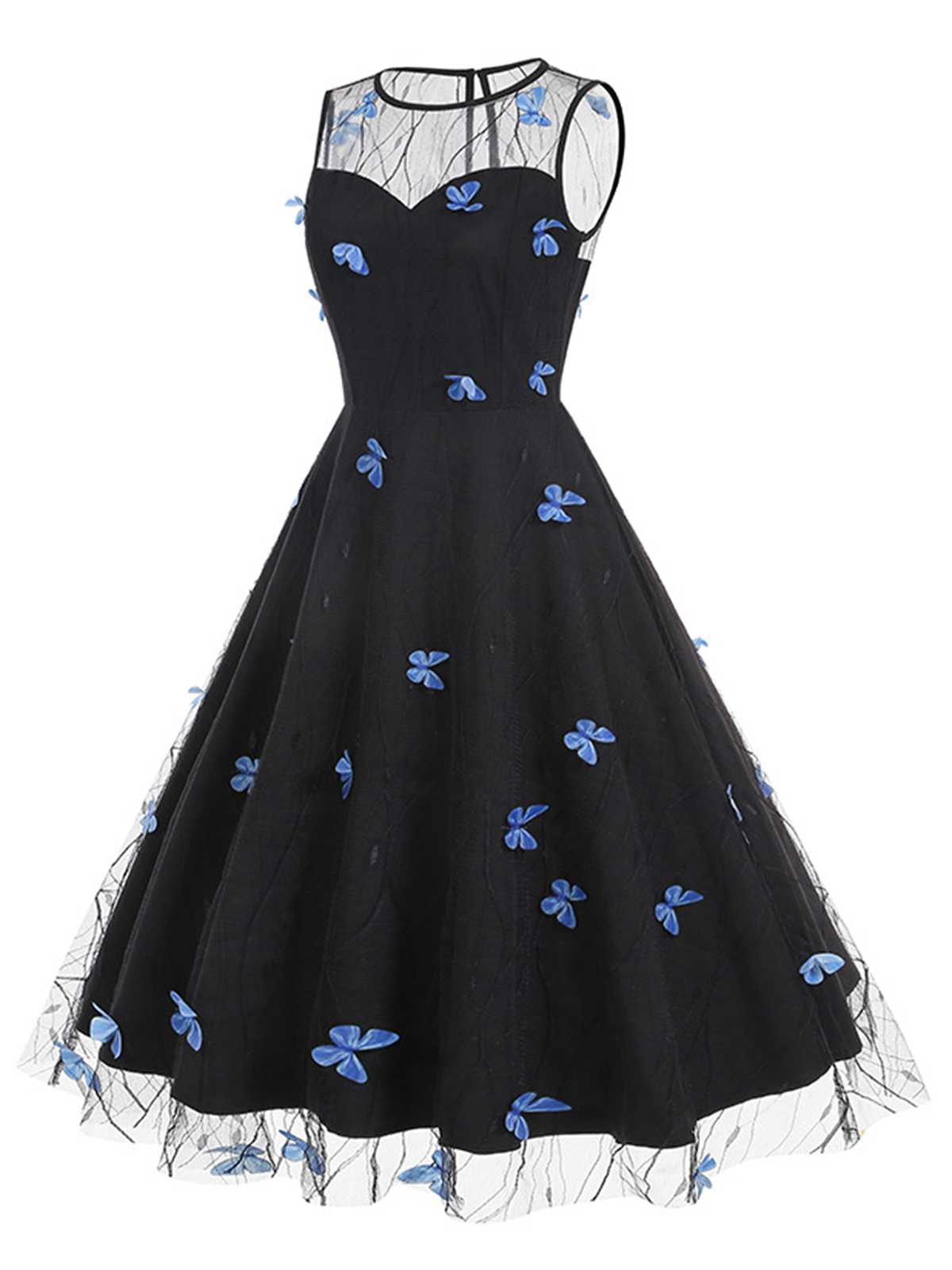 Round Neck Embroidery Butterflies Mesh Dress