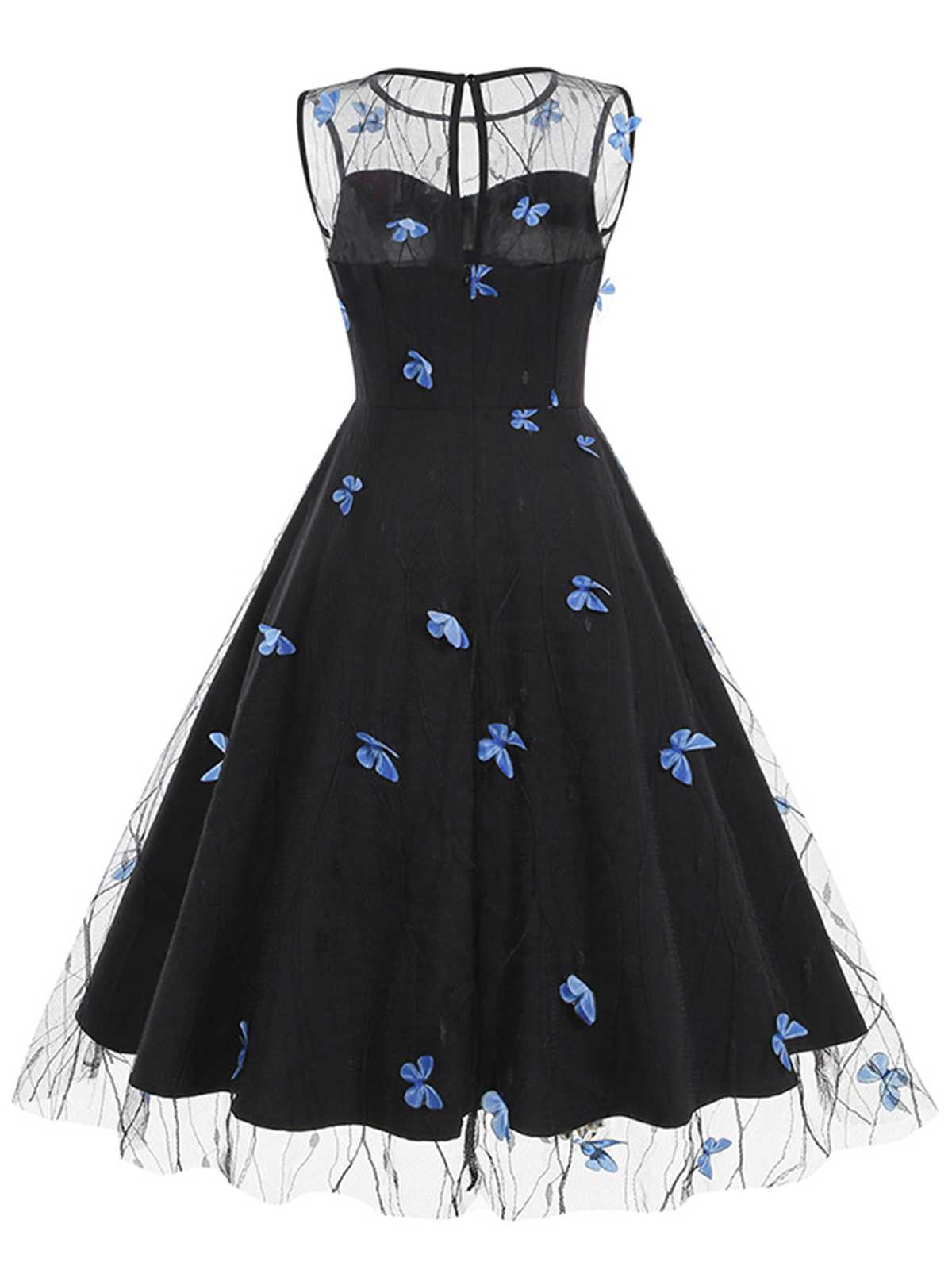 Round Neck Embroidery Butterflies Mesh Dress