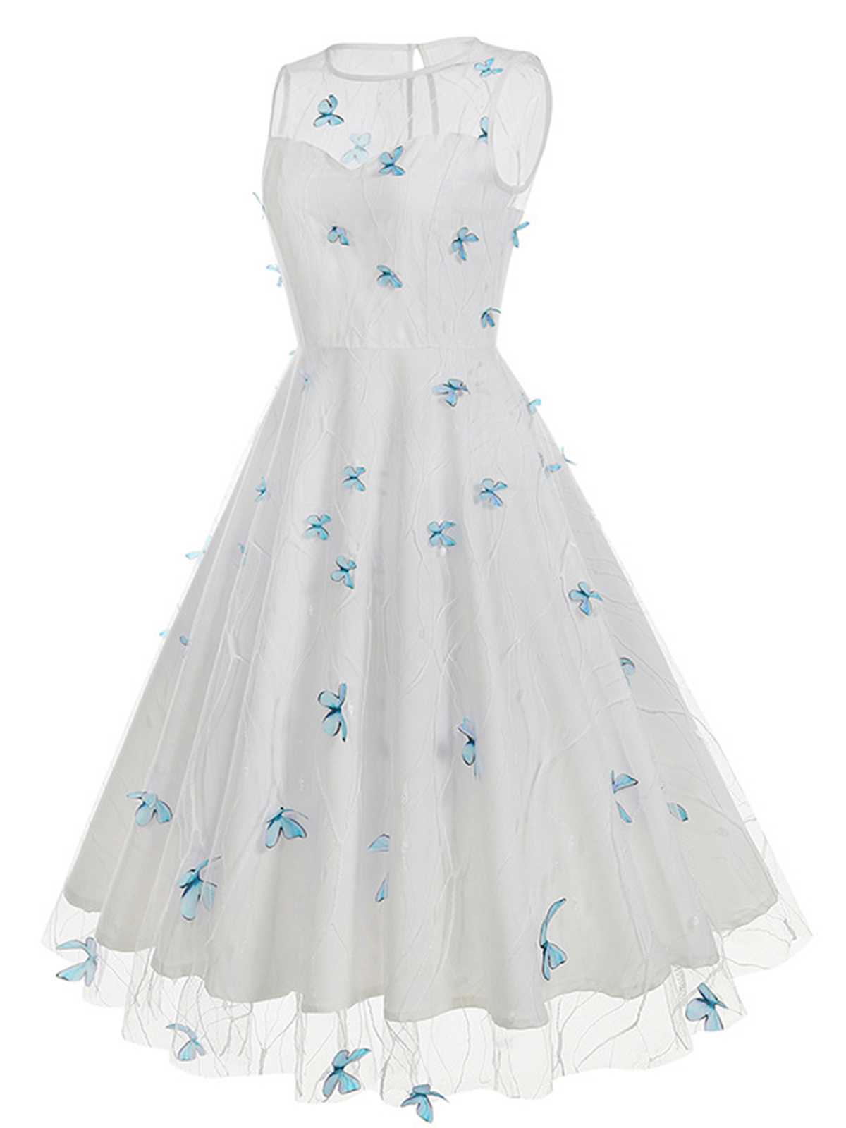 Round Neck Embroidery Butterflies Mesh Dress