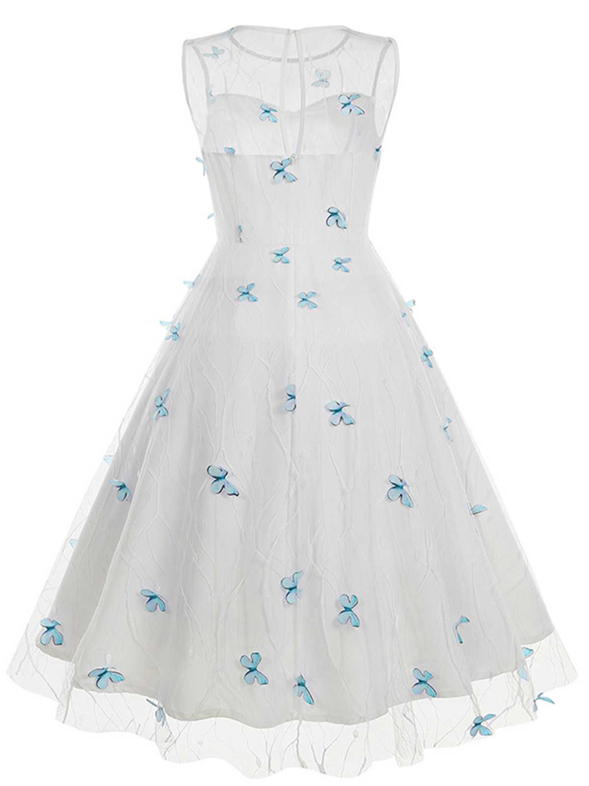 Round Neck Embroidery Butterflies Mesh Dress