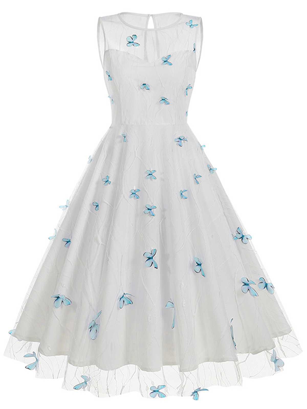 Round Neck Embroidery Butterflies Mesh Dress