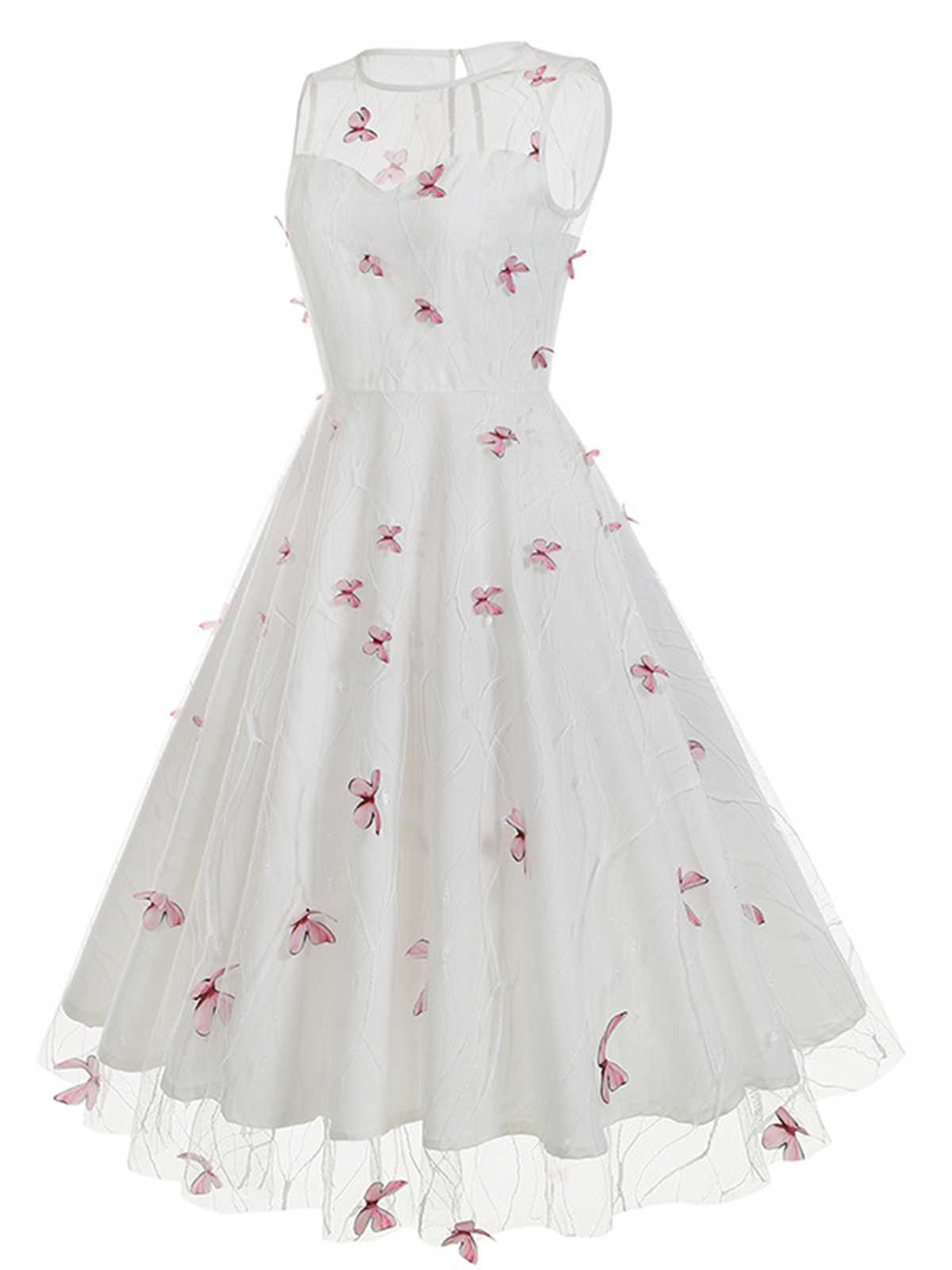 Round Neck Embroidery Butterflies Mesh Dress