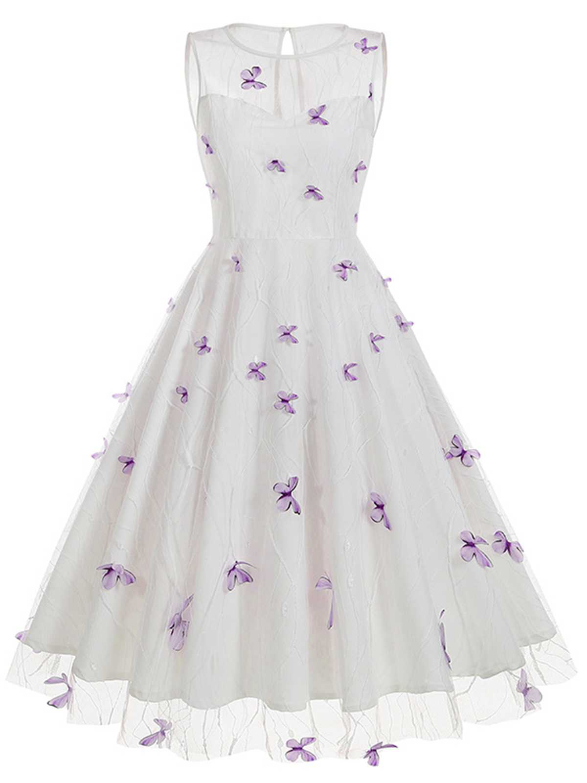 Round Neck Embroidery Butterflies Mesh Dress