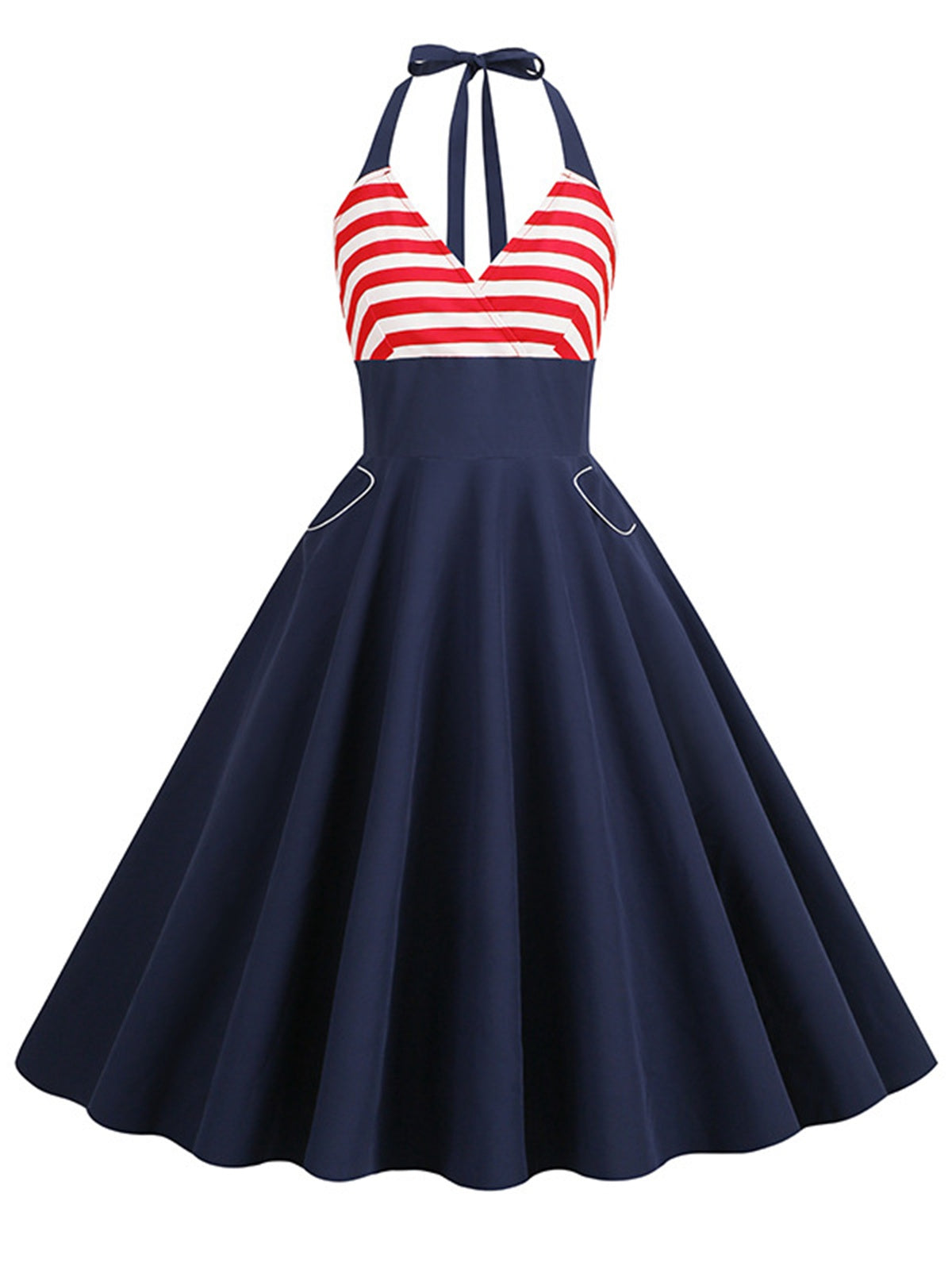 Dark Blue Red & White Stripes Halter Dress