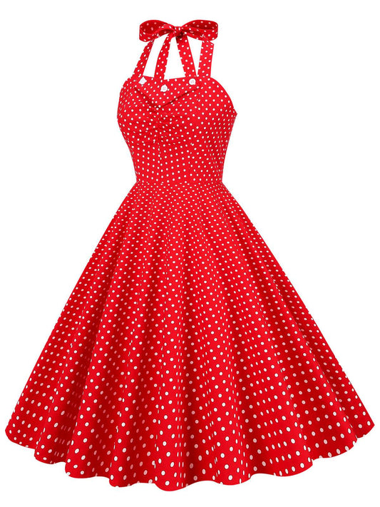 Red Polka Dot Halter Swing Dress