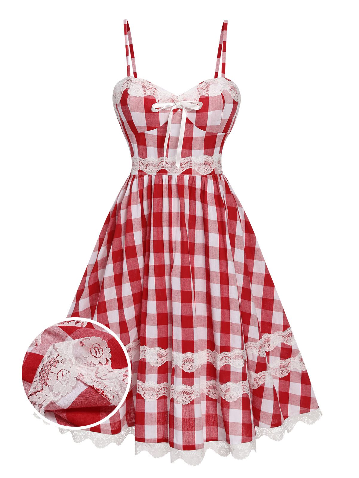 Red Plaid Lace Bow Strap Dress